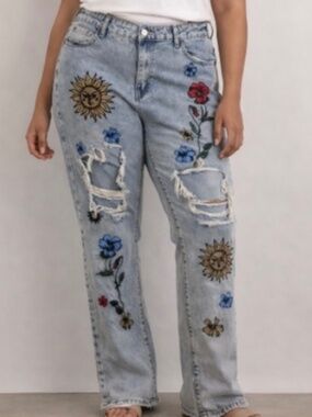 Embroidered Distressed Jeans Floral Sun Patch Women’s Size XL